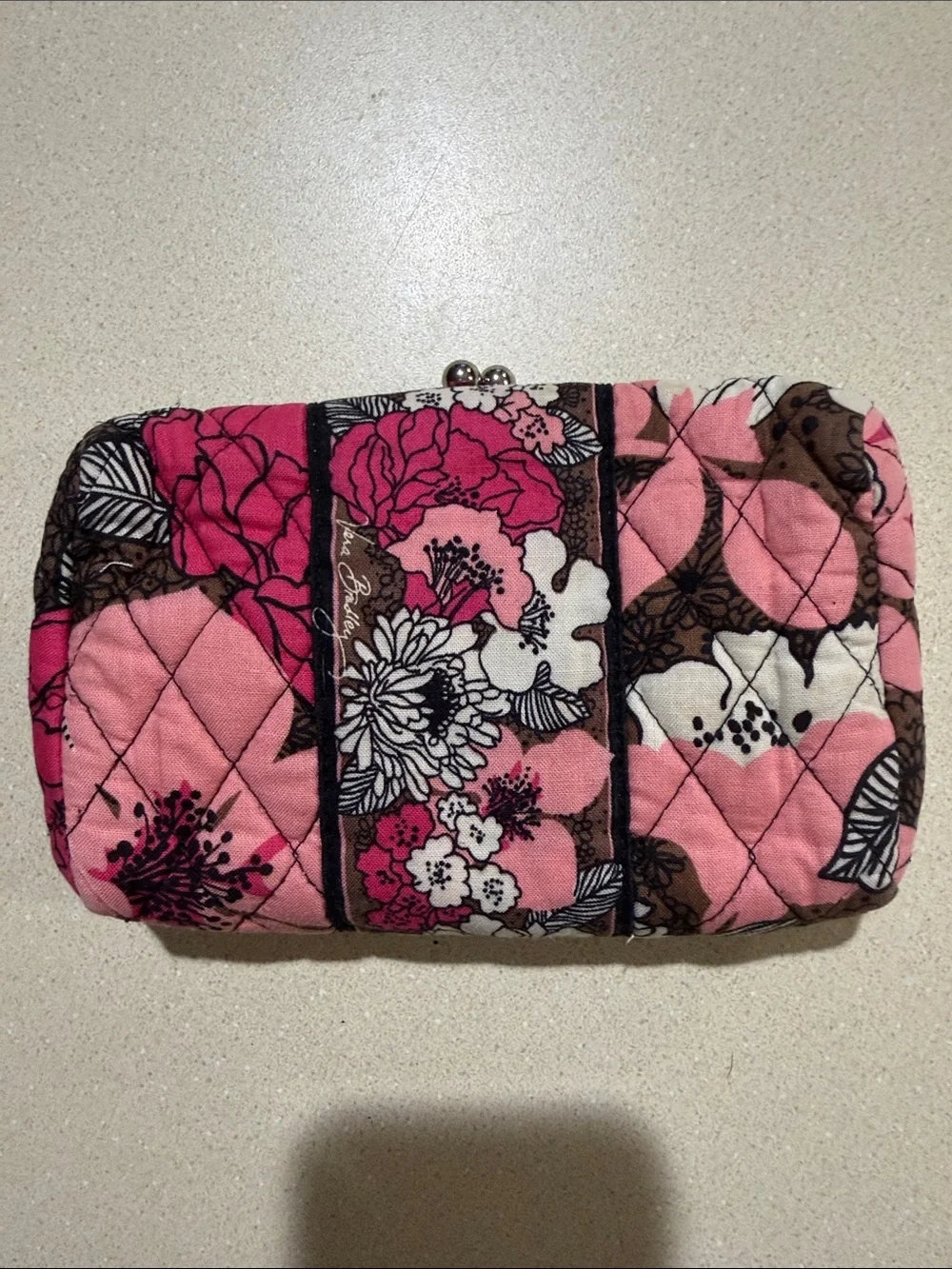 Vera Bradley Pink Floral Quilted Kiss-Lock Cosmetic Pouch